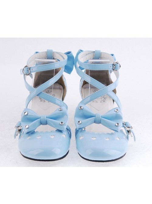 Sky-Blue 2.5" Heel High Elegant Patent Leather Point Toe Cross Straps Platform Women Lolita Shoes