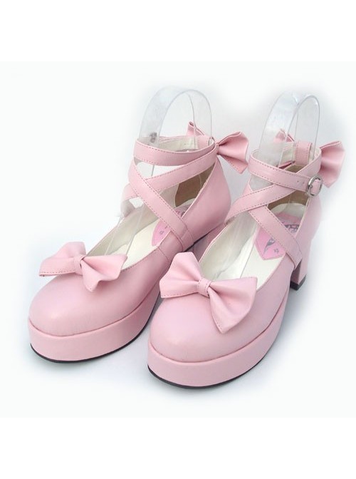 Pink 2.5" Heel High Beautiful Polyurethane Point Toe Cross Straps Platform Women Lolita Shoes