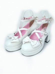 White 2.9" Heel High Beautiful Patent Leather Point Toe Bow Platform Women Lolita Shoes