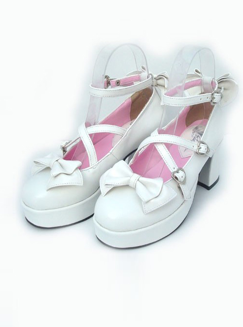 White 2.9" Heel High Beautiful Patent Leather Point Toe Bow Platform Women Lolita Shoes