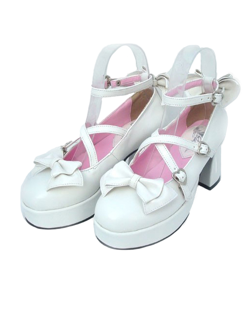 White 2.9" Heel High Beautiful Patent Leather Point Toe Bow Platform Women Lolita Shoes