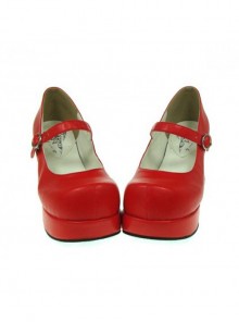 Red 2.9" Heel High Special Synthetic Leather Round Toe Cross Straps Platform Women Lolita Shoes