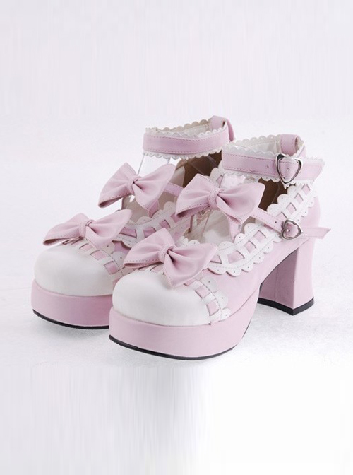 Pink & White 2.7" Heel High Beautiful Synthetic Leather Round Toe Cross Straps Platform Girls Lolita Shoes