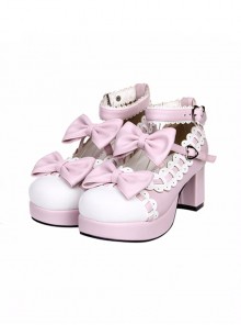 Pink & White 2.7" Heel High Beautiful Synthetic Leather Round Toe Cross Straps Platform Girls Lolita Shoes