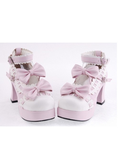 Pink & White 2.7" Heel High Beautiful Synthetic Leather Round Toe Cross Straps Platform Girls Lolita Shoes