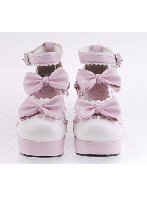 Pink & White 2.7" Heel High Beautiful Synthetic Leather Round Toe Cross Straps Platform Girls Lolita Shoes