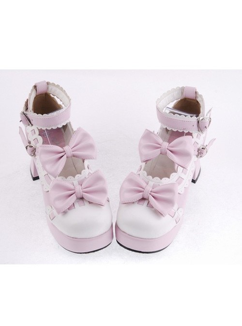 Pink & White 2.7" Heel High Beautiful Synthetic Leather Round Toe Cross Straps Platform Girls Lolita Shoes