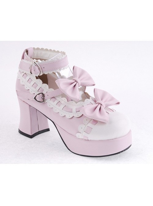 Pink & White 2.7" Heel High Beautiful Synthetic Leather Round Toe Cross Straps Platform Girls Lolita Shoes