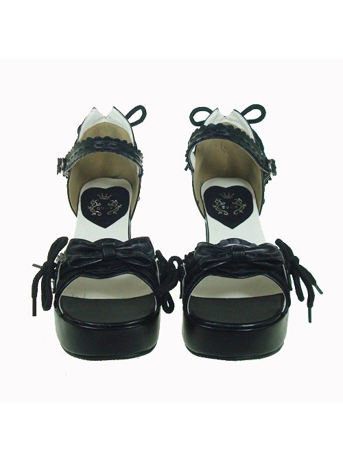 Black 2.9" Heel High Beautiful PU Point Toe Bow Platform Girls Lolita Sandals