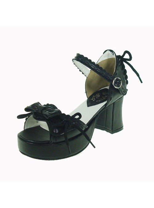 Black 2.9" Heel High Beautiful PU Point Toe Bow Platform Girls Lolita Sandals