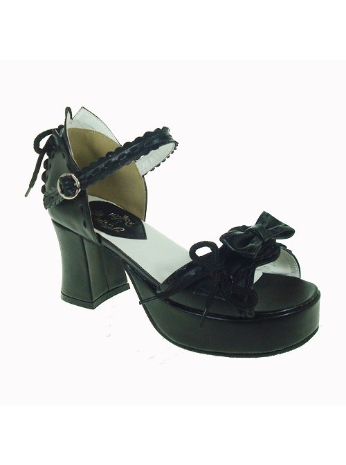 Black 2.9" Heel High Beautiful PU Point Toe Bow Platform Girls Lolita Sandals