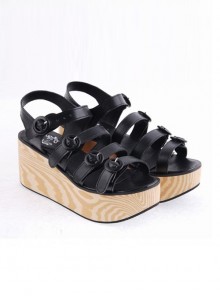 Black 3.1" Heel High Beautiful PU Round Toe Cross Straps Platform Girls Lolita Sandals