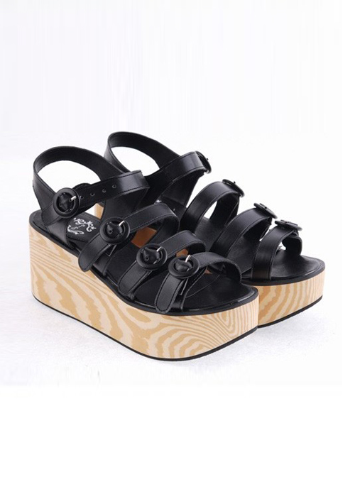 Black 3.1" Heel High Beautiful PU Round Toe Cross Straps Platform Girls Lolita Sandals