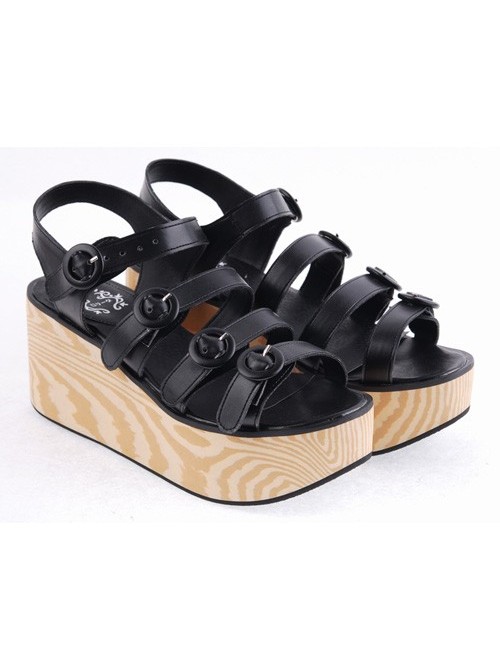 Black 3.1" Heel High Beautiful PU Round Toe Cross Straps Platform Girls Lolita Sandals
