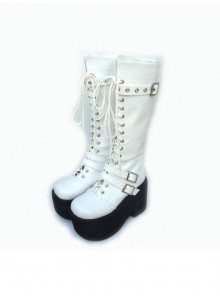 White 3.7" Heel High Lovely PU Round Toe Cross Straps Platform Girls Lolita Boots