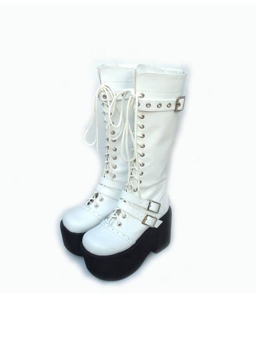 White 3.7" Heel High Lovely PU Round Toe Cross Straps Platform Girls Lolita Boots