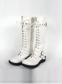 White 1.2" Heel High Special Patent Leather Round Toe Cross Straps Platform Girls Lolita Boots