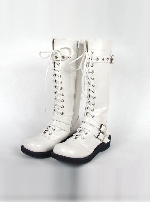 White 1.2" Heel High Special Patent Leather Round Toe Cross Straps Platform Girls Lolita Boots