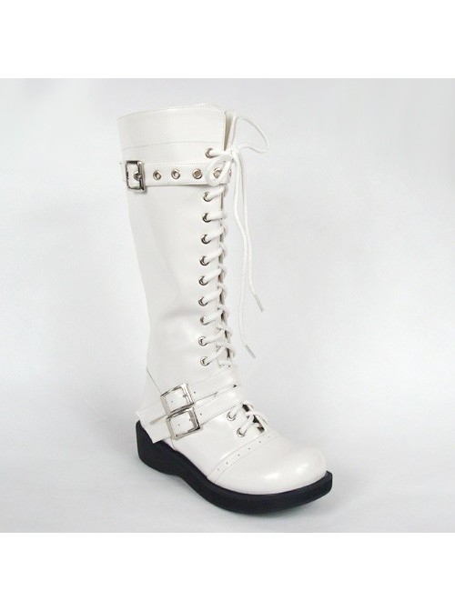 White 1.2" Heel High Special Patent Leather Round Toe Cross Straps Platform Girls Lolita Boots