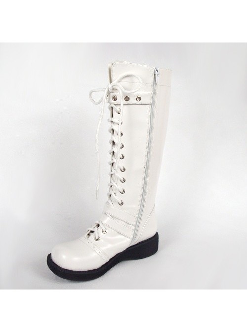 White 1.2" Heel High Special Patent Leather Round Toe Cross Straps Platform Girls Lolita Boots