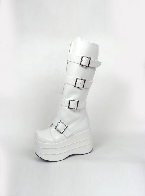 White 3.9" Heel High Charming Synthetic Leather Round Toe Stud Buckles Platform Girls Lolita Boots