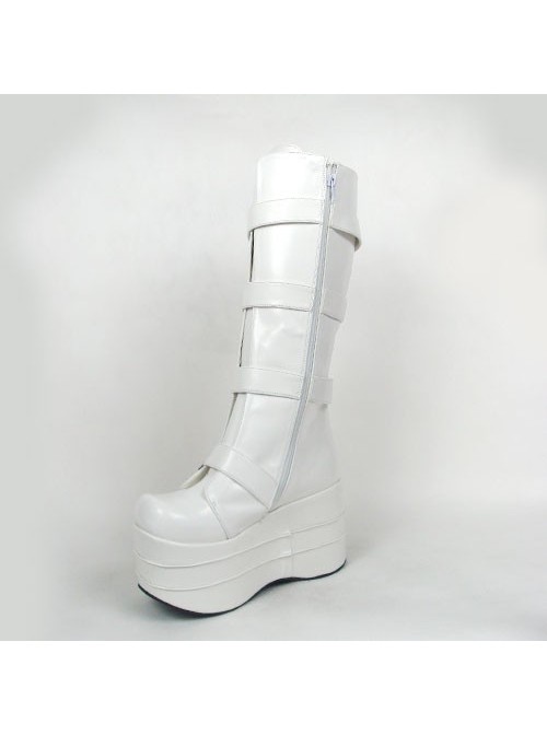 White 3.9" Heel High Charming Synthetic Leather Round Toe Stud Buckles Platform Girls Lolita Boots