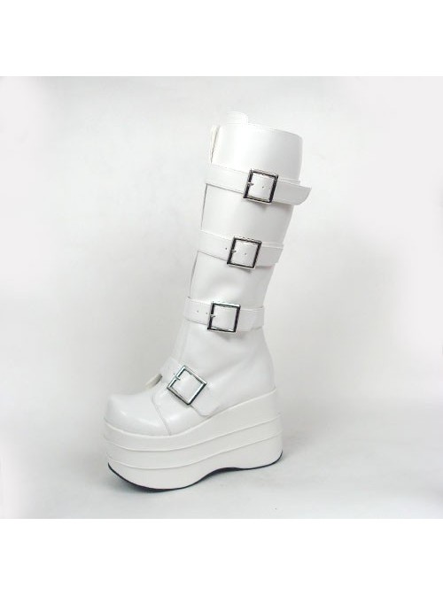 White 3.9" Heel High Charming Synthetic Leather Round Toe Stud Buckles Platform Girls Lolita Boots