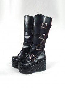 Black 3.9" Heel High Beautiful PU Round Toe Stud Buckles Platform Lady Lolita Boots