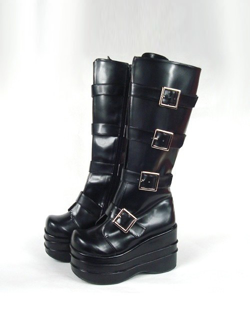 Black 3.9" Heel High Beautiful PU Round Toe Stud Buckles Platform Lady Lolita Boots