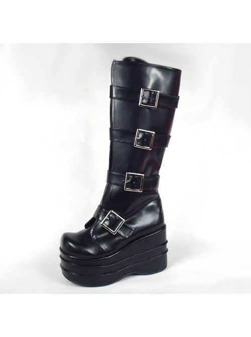 Black 3.9" Heel High Beautiful PU Round Toe Stud Buckles Platform Lady Lolita Boots