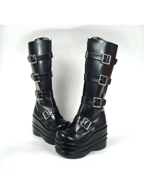 Black 3.9" Heel High Beautiful PU Round Toe Stud Buckles Platform Lady Lolita Boots