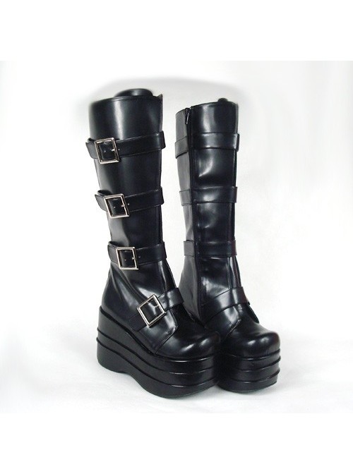 Black 3.9" Heel High Beautiful PU Round Toe Stud Buckles Platform Lady Lolita Boots