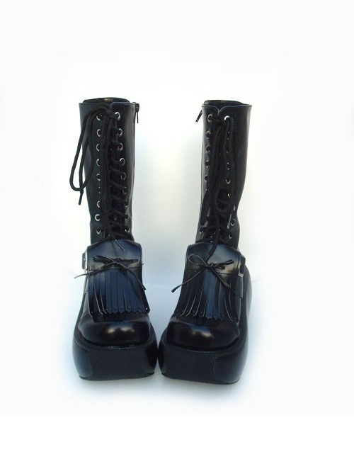 Black 3.9" Heel Sexy Suede Round-toe Cross Straps Gothic Lolita Platform Boots