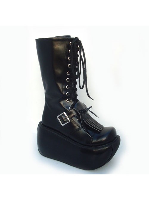 Black 3.9" Heel Sexy Suede Round-toe Cross Straps Gothic Lolita Platform Boots