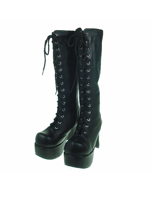 Black 3.7” Heel High Romatic Patent Leather Round Toe Cross Straps Platform Lady Lolita Boots