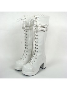 White 3.0" Heel High Cute PU Round Toe Bow Platform Girls Lolita Boots