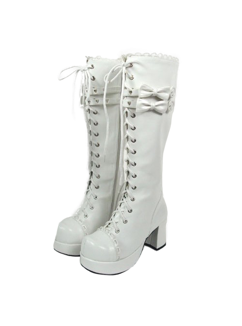 White 3.0" Heel High Cute PU Round Toe Bow Platform Girls Lolita Boots