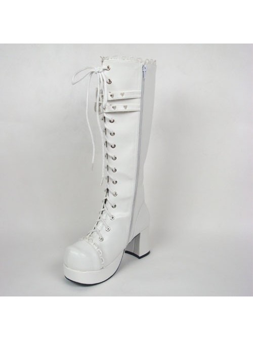 White 3.0" Heel High Cute PU Round Toe Bow Platform Girls Lolita Boots