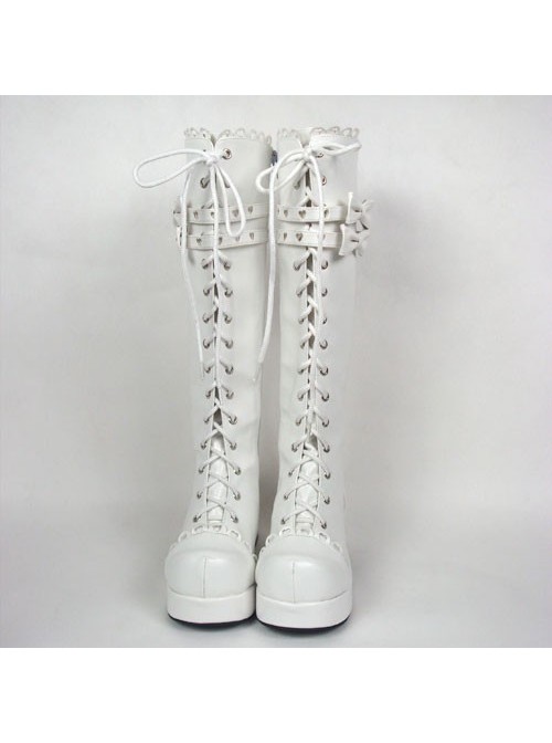 White 3.0" Heel High Cute PU Round Toe Bow Platform Girls Lolita Boots