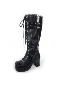 Black 3.0" Heel High Beautiful Polyurethane Round Toe Bow Platform Girls Lolita Boots