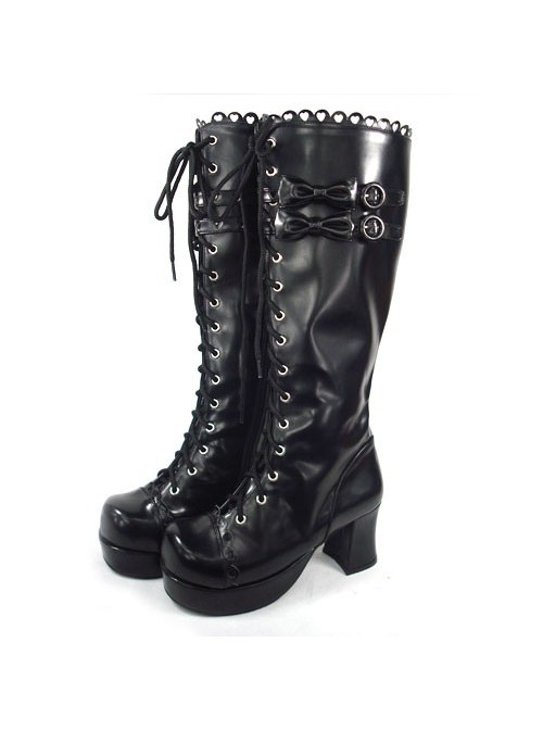 Black 3.0" Heel High Beautiful Polyurethane Round Toe Bow Platform Girls Lolita Boots