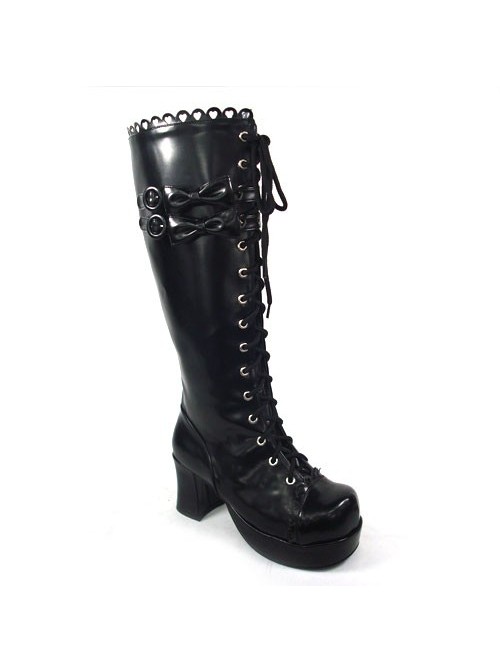 Black 3.0" Heel High Beautiful Polyurethane Round Toe Bow Platform Girls Lolita Boots