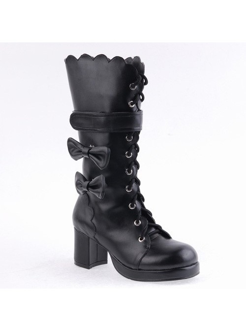 Black 2.6" Heel PU Round-toe Bowknot Gothic Lolita High Heel Boots