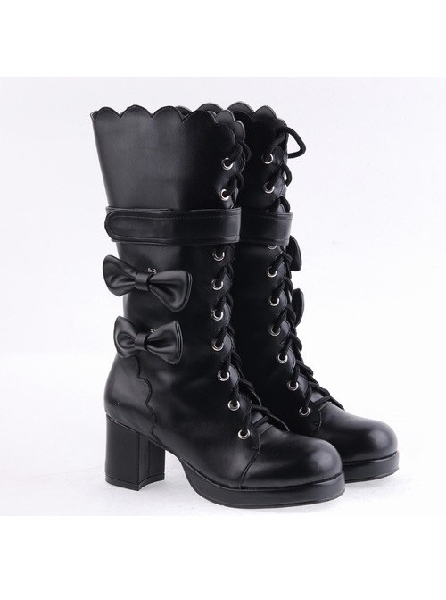 Black 2.6" Heel PU Round-toe Bowknot Gothic Lolita High Heel Boots