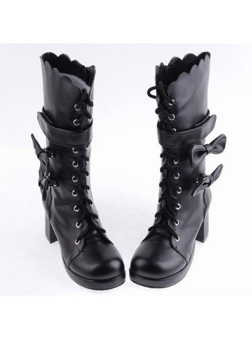 Black 2.6" Heel PU Round-toe Bowknot Gothic Lolita High Heel Boots