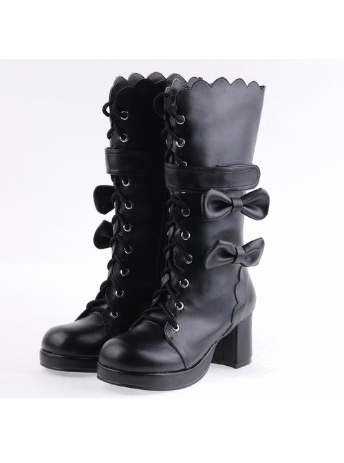 Black 2.6" Heel PU Round-toe Bowknot Gothic Lolita High Heel Boots