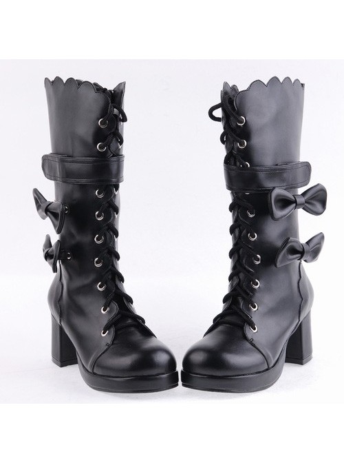 Black 2.6" Heel PU Round-toe Bowknot Gothic Lolita High Heel Boots