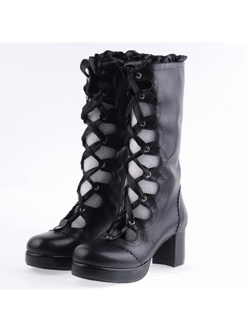 Black 2.6" Heel High Sexy Suede Round Toe Criss Cross Straps Gothic Lolita Platform Boots