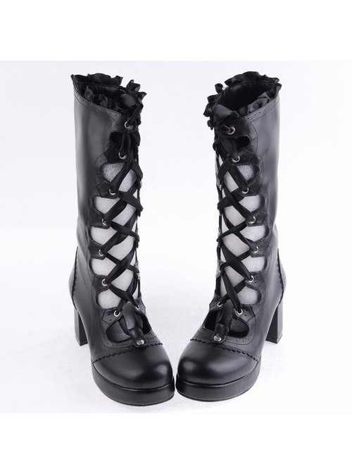 Black 2.6" Heel High Sexy Suede Round Toe Criss Cross Straps Gothic Lolita Platform Boots