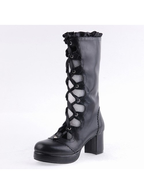 Black 2.6" Heel High Sexy Suede Round Toe Criss Cross Straps Gothic Lolita Platform Boots